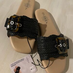 Serra Black and Tan Sandals w/Woven Strap, tortoiseshell buckle, silver eyelets.